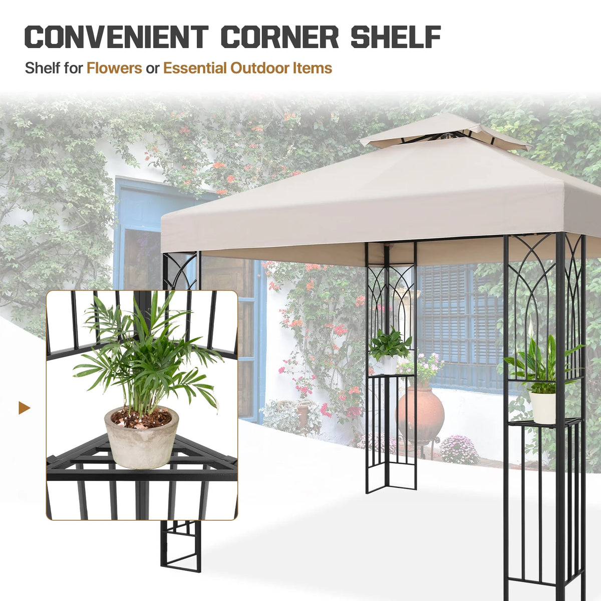 COOS BAY 8x8 Outdoor Patio Gazebo with Corner Shelves, Two-Tier Soft Top Canopy for Backyard, Lawn, Deck and Garden, Gray