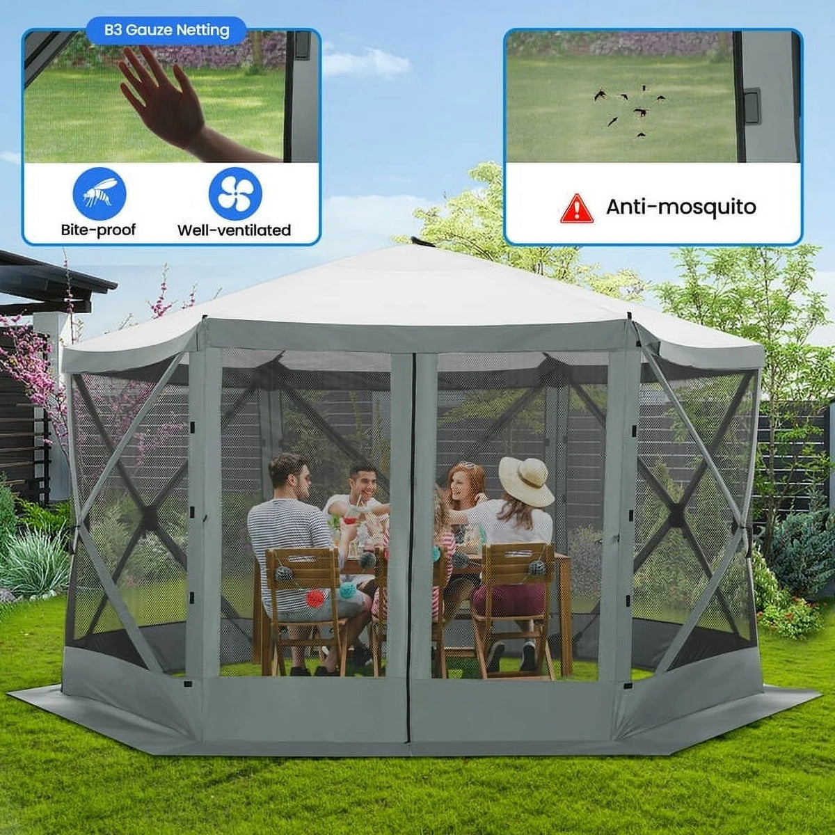 SANOPY 12'x12' Gazebo Outdoor Pop up Gazebo Screen Tent with 6 Sides Mosquito Netting Camping Gazebo Instant Shelter Glamping Tent with Carry bag, Ground Spike, Gray