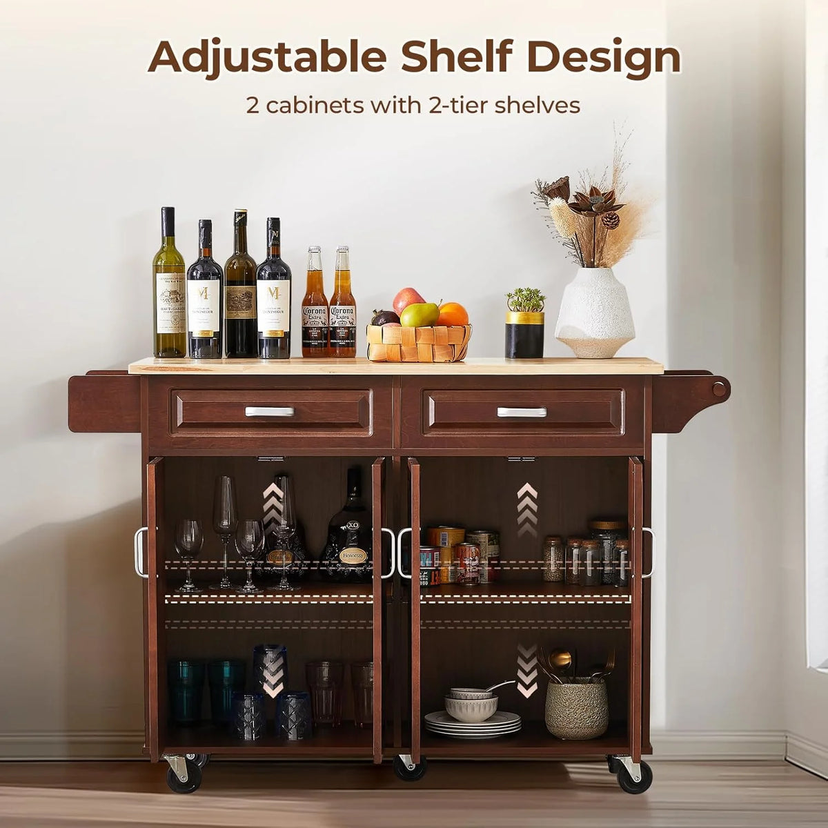 ZIVACATE Rolling Kitchen Island with Drop Leaf and Storage Large 53 in Movable Kitchen Carts White