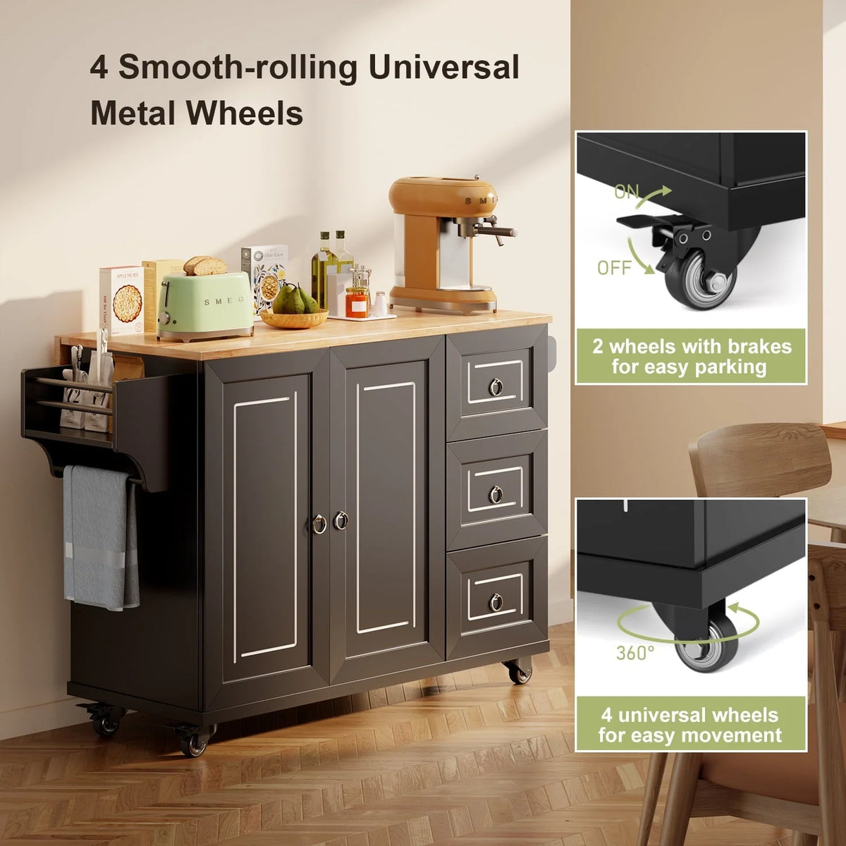 Lofka Kitchen Island with Storage,  Kitchen Island on Wheel with Wood Drop Leaf Tabletop,Black