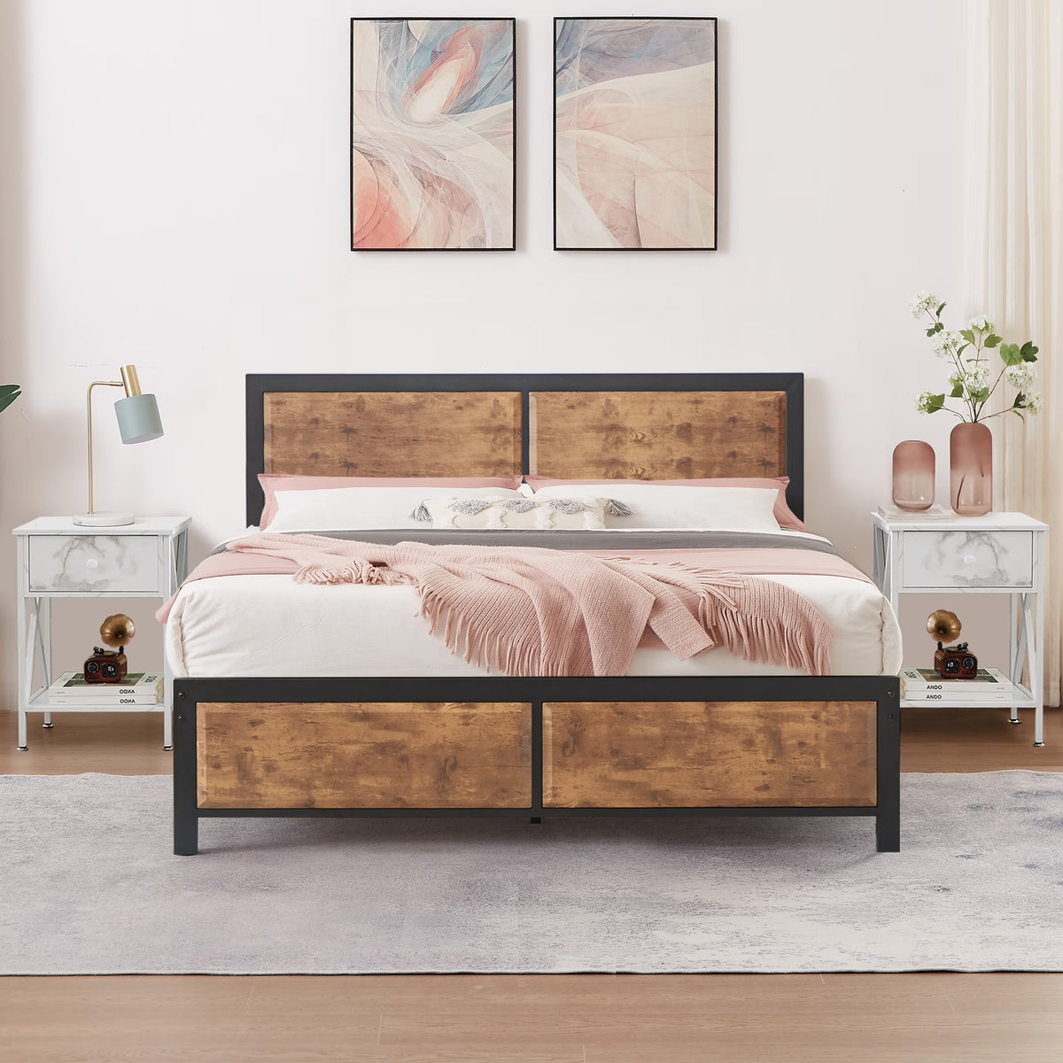 VECELO 3-Piece Bedroom Set with Twin Size Bed Frame and 1-Drawer Black Nightstands