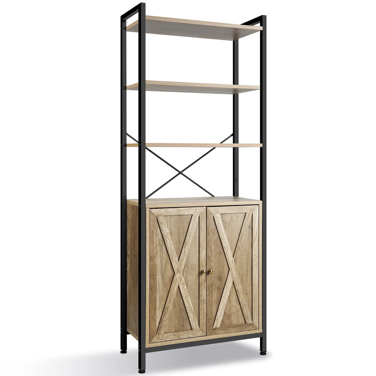 MONVANE Farmhouse Bookshelf and Bookcase with Doors, Crosshatch Design, 4 Shelves, Light Grey