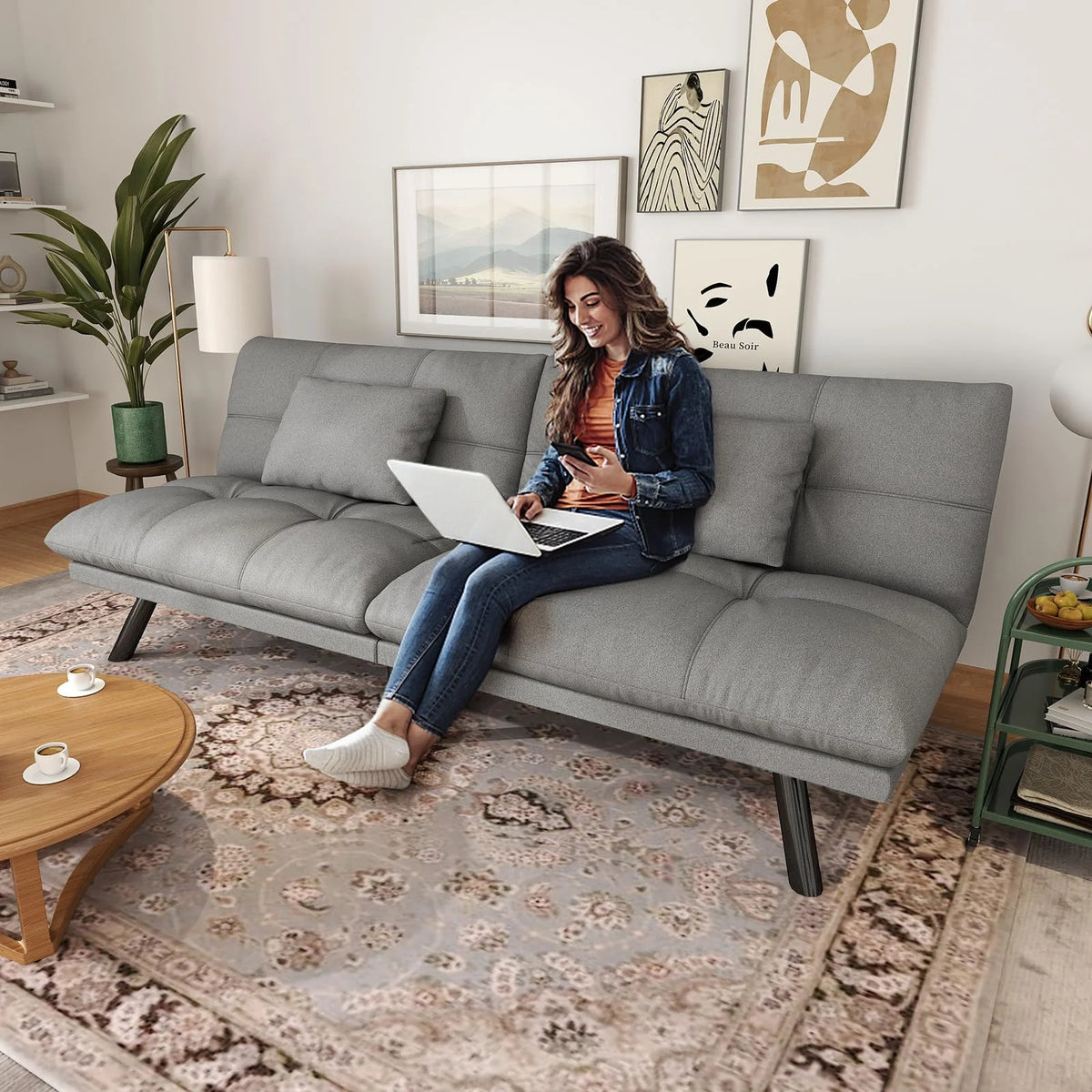 70���� Convertible Futon Sofa Bed Folding Bed Sleeper Couch for Living Room, Small Space or Office, Light Grey