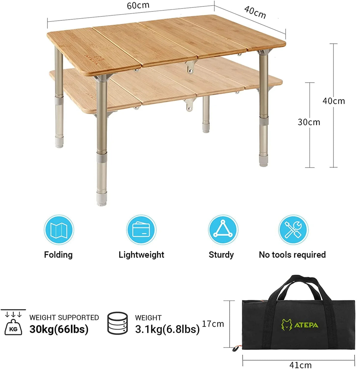 ATEPA Camping Folding Bamboo Table Portable Camp Outdoor Table with Carrying Bag, 23.6"*15.7"