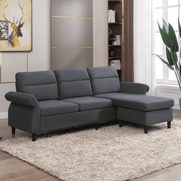 Mjkone Modern 88" W Convertible Sectional Sofa Couch with 2 USB Ports and Adjustable Armres,3 Seat L-Shape Sofa Couch with,Ottoman for Living Room,Apartment , Linen Fabric,Light Grey