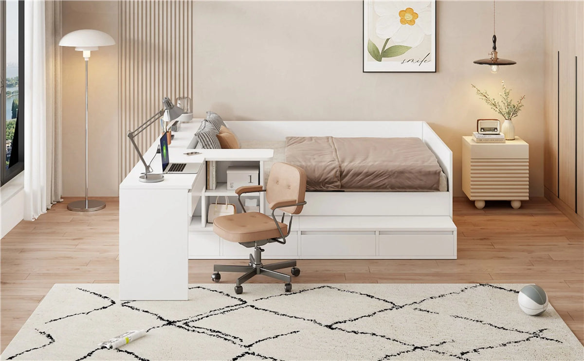 Full Size White Wooden Platform Bed w/ 6 Drawers, Vanity Desk &amp; Shelves - Bedroom Furniture. Space-saving design. Includes storage, perfect for small spaces. 75.3"L x 100.9"W.