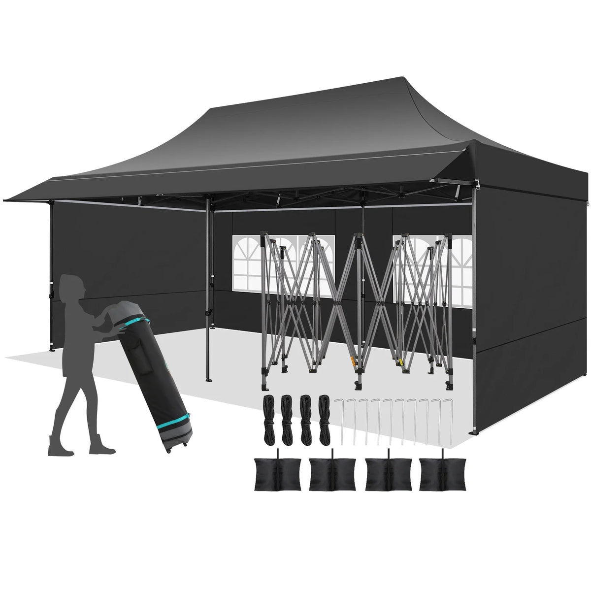 COBIZI 10x20 Pop Up Canopy Heavy Duty Party Tent with Removable Awning and Sidewalls,Easy Up Outdoor Wedding Canopy,Gazebo All Season Windproof&Waterproof with Roller Bag UPF 50+,Black