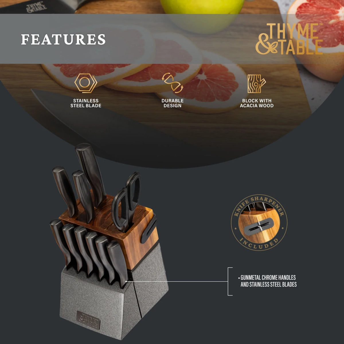 Thyme & Table 15-Piece Knife Block set with Sharpener, Gunmetal