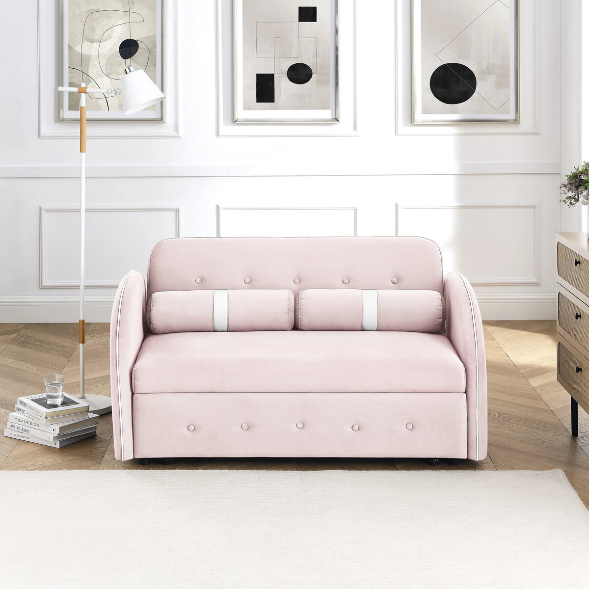 Modern Pull Out Sleeper Sofa Bed, Velvet Convertible Couch Loveseat with Adjsutable Backrest Side Pockets for Living Room Bedroom Apartment Office
