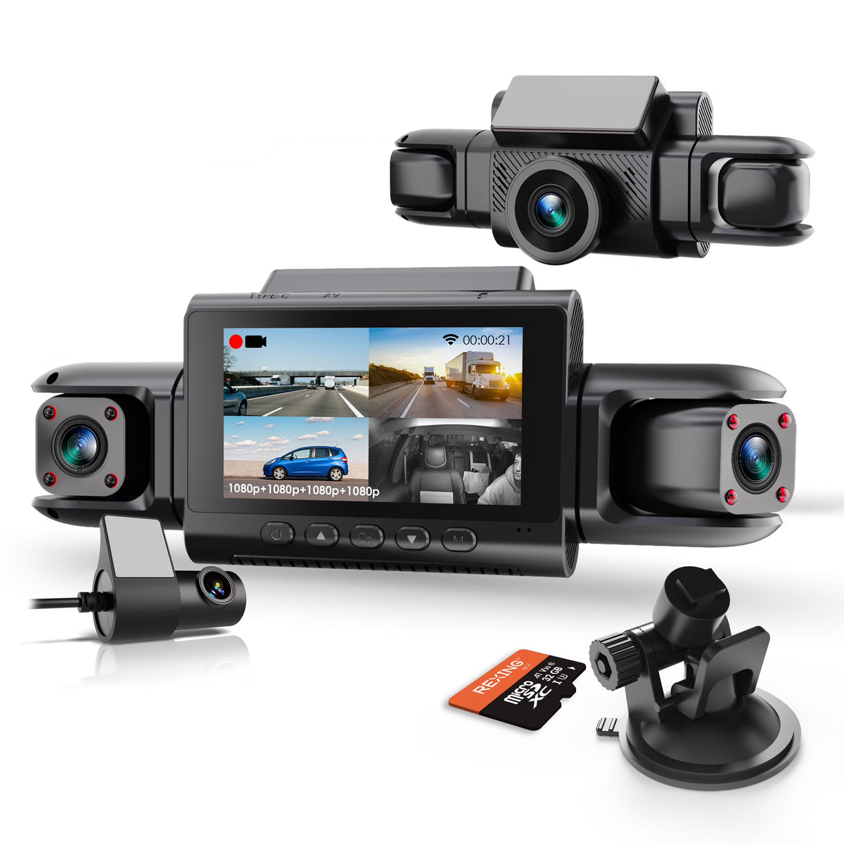 Rexing 4CH Dash Cam w/ All 1080p, Wi-Fi, Loop Recording, G-Sensor, Dual Mount, 32GB Card Included