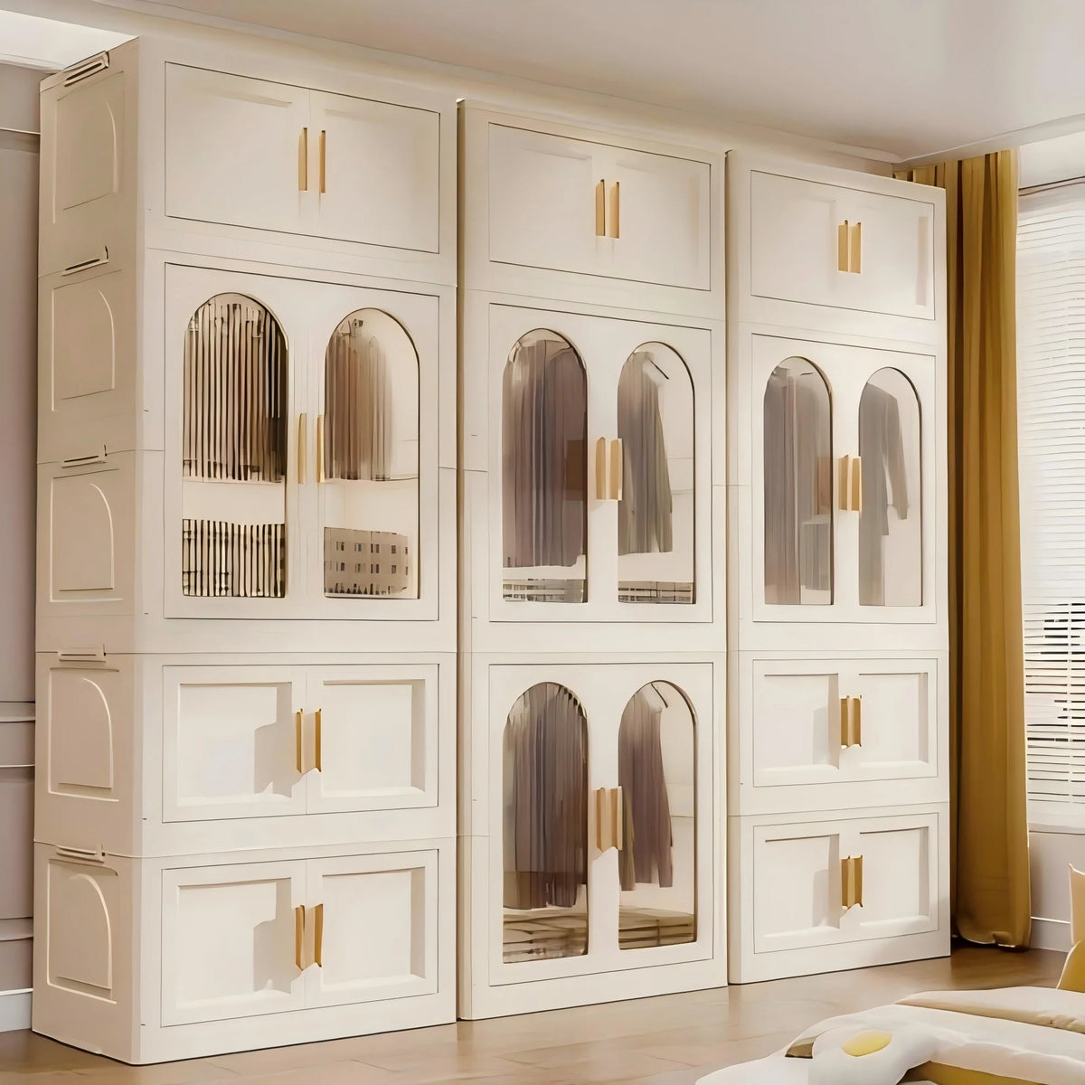 PORKISS Portable Wardrobe Closet, Folding Bedroom Armoire with Wheels, Plastic Storage Basket Can be Freely Combined (1 Layer of Wardrobe + 2 Layers of Folding Boxes+10 Hangers), Cream White-57.09"H