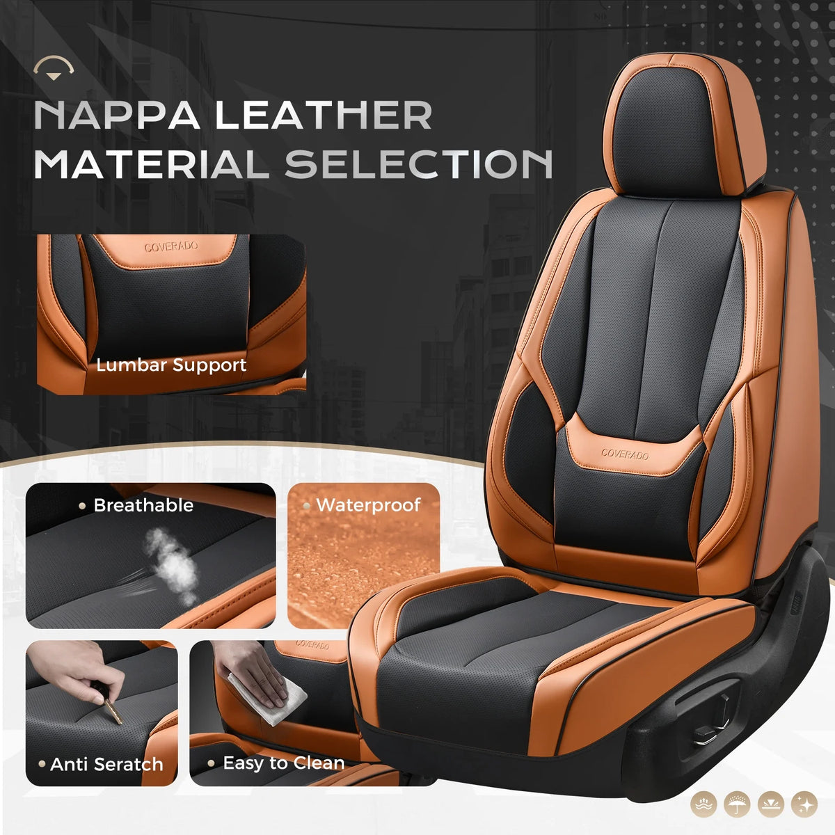 Coverado Black Front Car Seat Covers, Stylish Waterproof Premium Leather Automotive Seat Protectors, Airbag Compatible Auto Interior Accessories Universal Fit for Most Cars SUV Pick-up Trucks