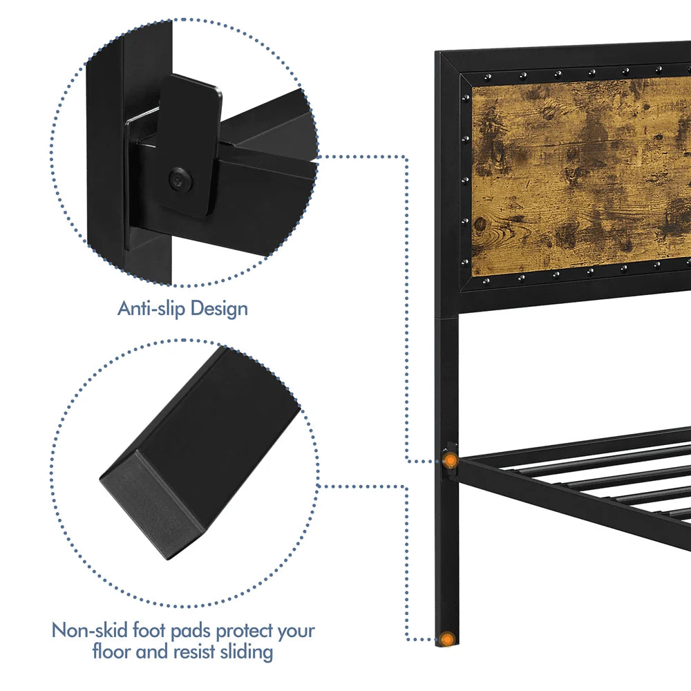Topeakmart Industrial Metal Bed Frame with Wooden Headboard and Footboard, Full Size, Rustic Brown