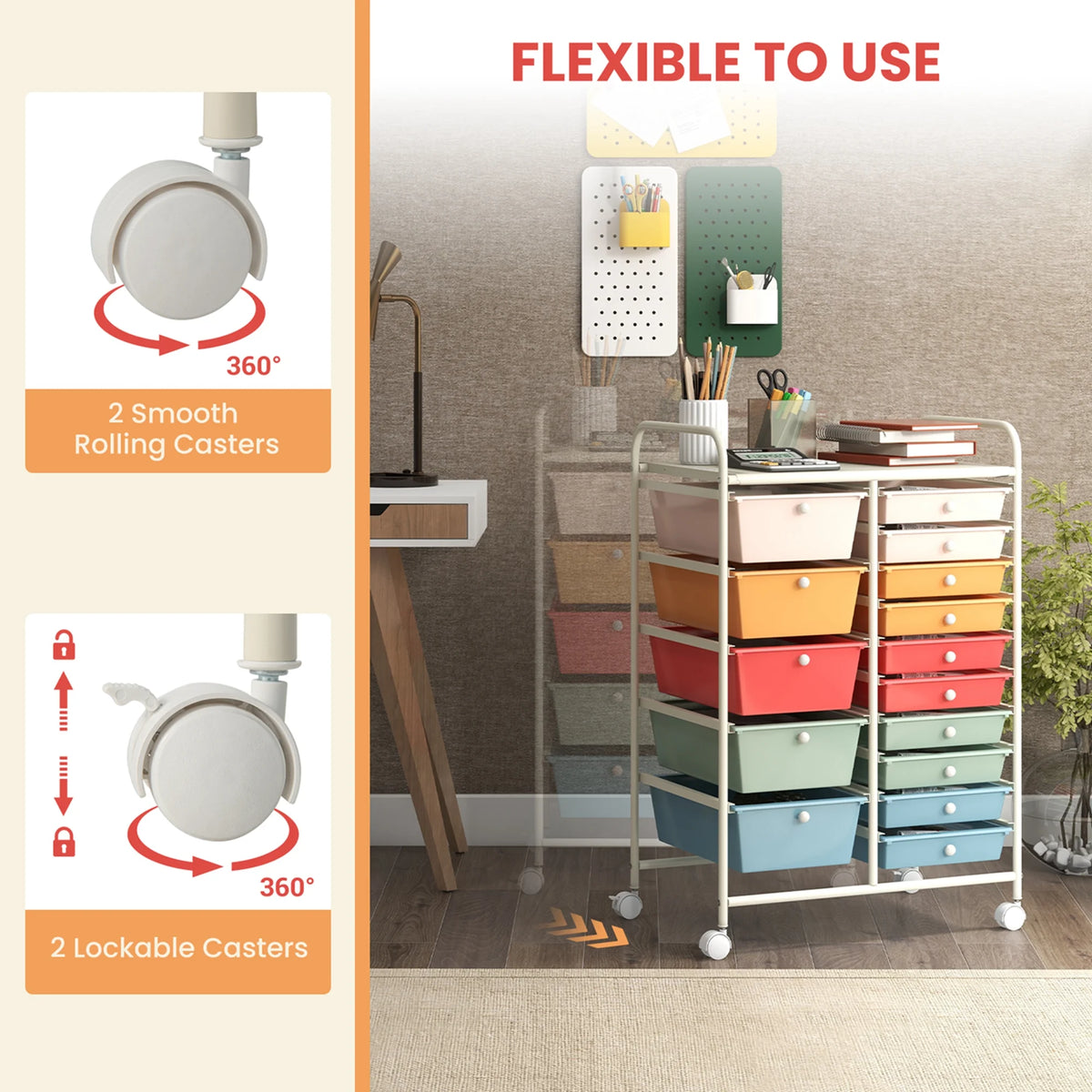 Costway 15 Drawer Rolling Storage Cart Tools Scrapbook Paper Office School Organizer White
