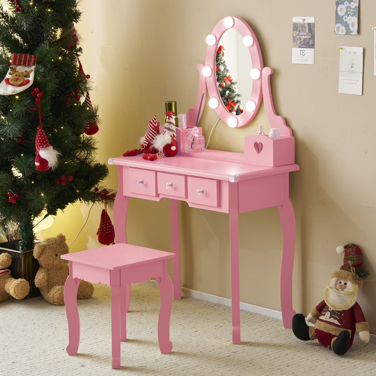 Zimtown Kids' Vanity Set with 3-Color LED Lighted Mirror Makeup Table with Matching Stool, Purple