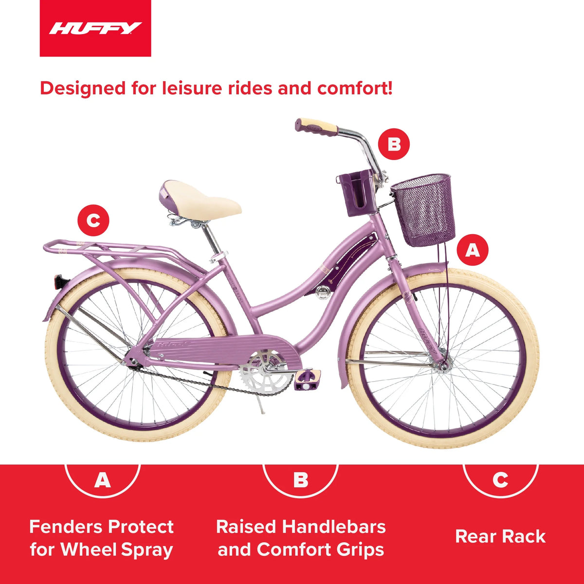 Huffy 24" Nel Lusso Cruiser Bike, Fits Riders 4'8" - 5'8", Purple, Adult, Women's
