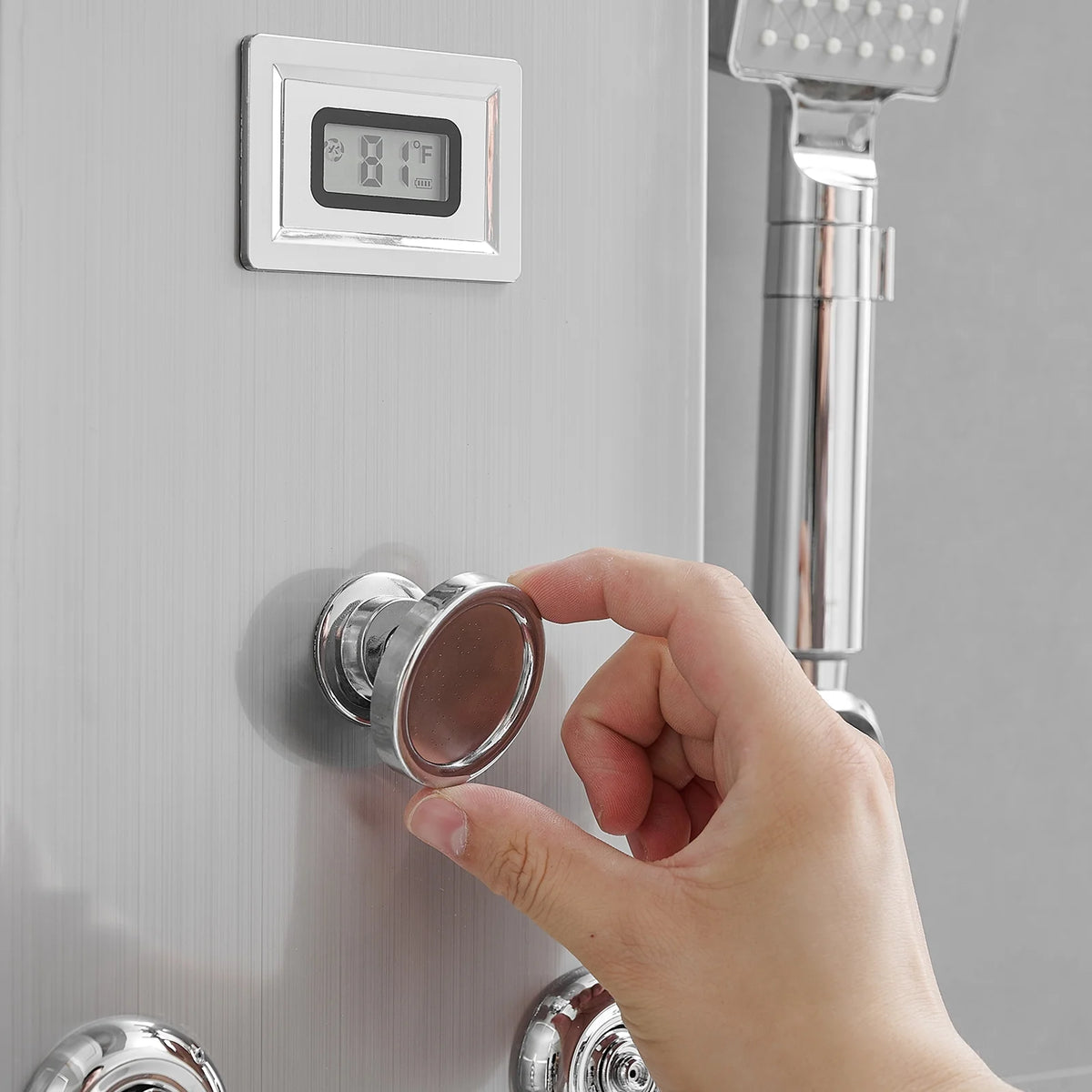 8-Jet Rainfall Shower Panel System with Rainfall Waterfall Shower Head and Shower Wand in chrome Nickel