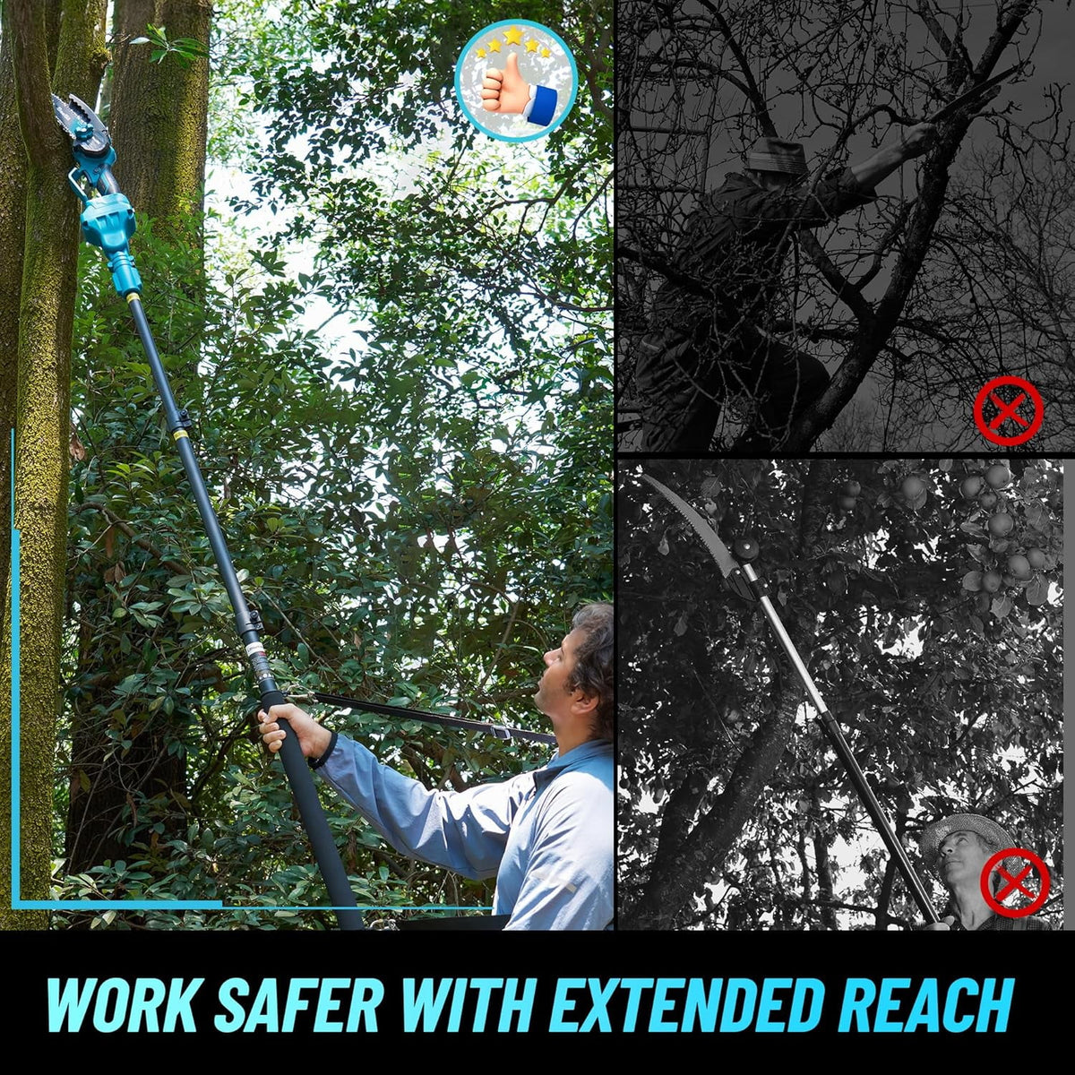 Seesii 2-in-1 Cordless Pole Saw, 6 Inch Brushless Pole Chainsaws Mini Handheld Chainsaw with 2x 4.0Ah 21V Batteries, 2x Chains, Auto Oiler, 16FT MAX Extension Pole for Tree Trimming