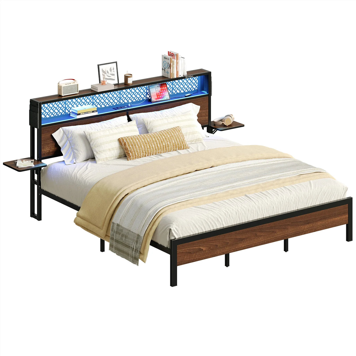 Bestier Queen Size Platform Bed Frame with Wood Foldable Bedside Shelves and LED Storage Headboard Charge Station, Gray