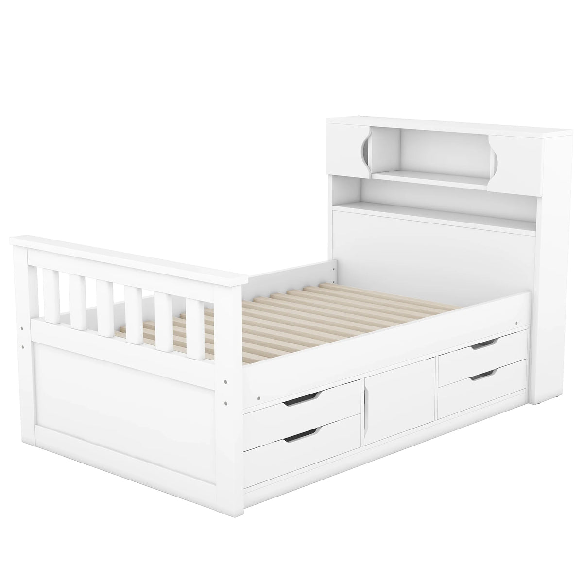 Euroco Wood Twin Size Platform Bed with Storage Headboard, Captain Bed with 4 Drawers, Bookcase and Cabinets, Gray
