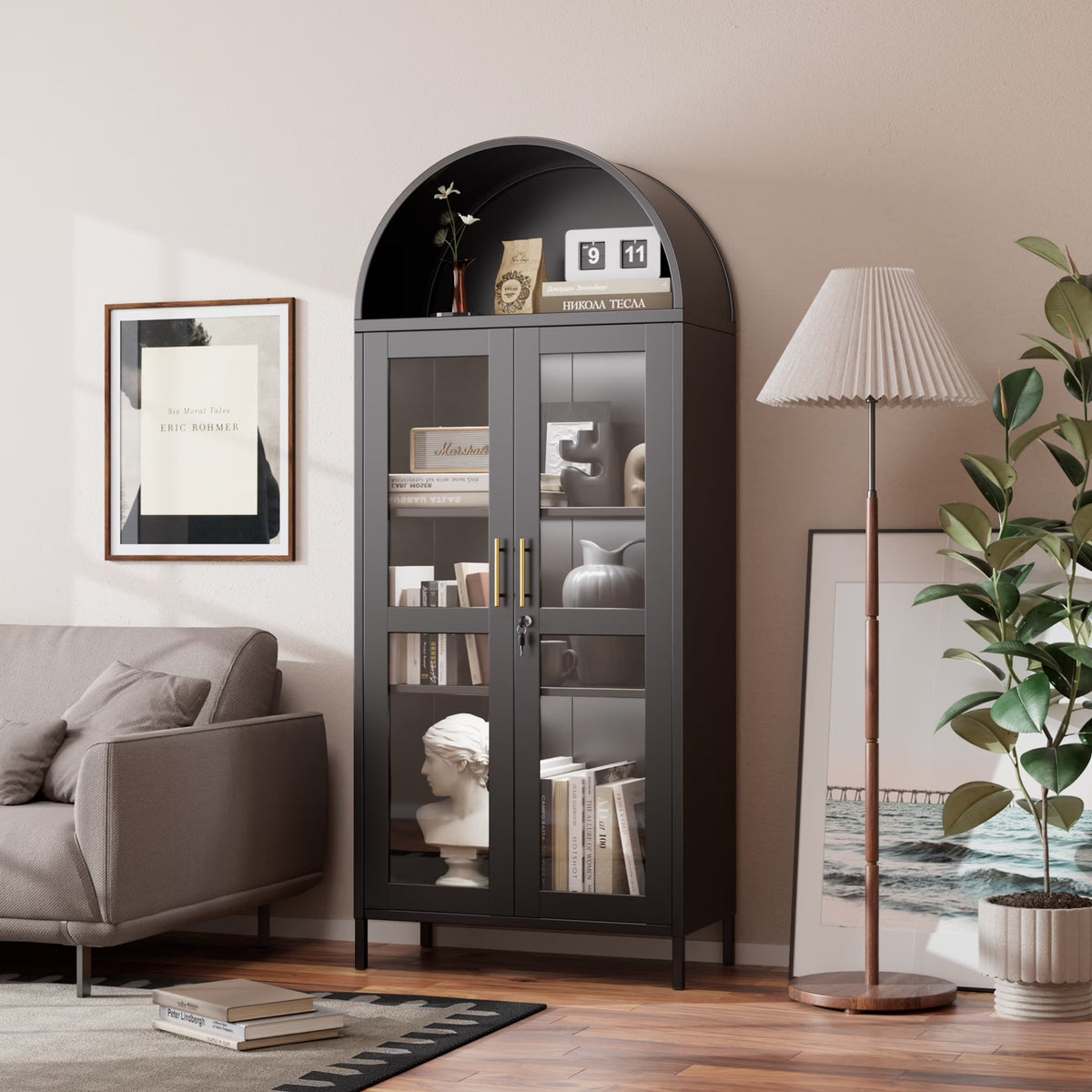SUPEER Metal Arched Storage Display Cabinet with Glass Doors and Adjustable Shelves, Lockable Cabinet, Assembly Required, Black