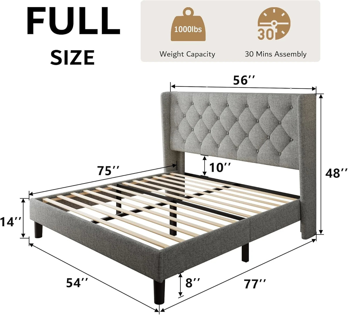 iPormis Full Size Bed Frame with Diamond Button Tufted Wingback Headboard, Upholstered Platform Bed Frame with Strong Wood Slat Support, Light Gray
