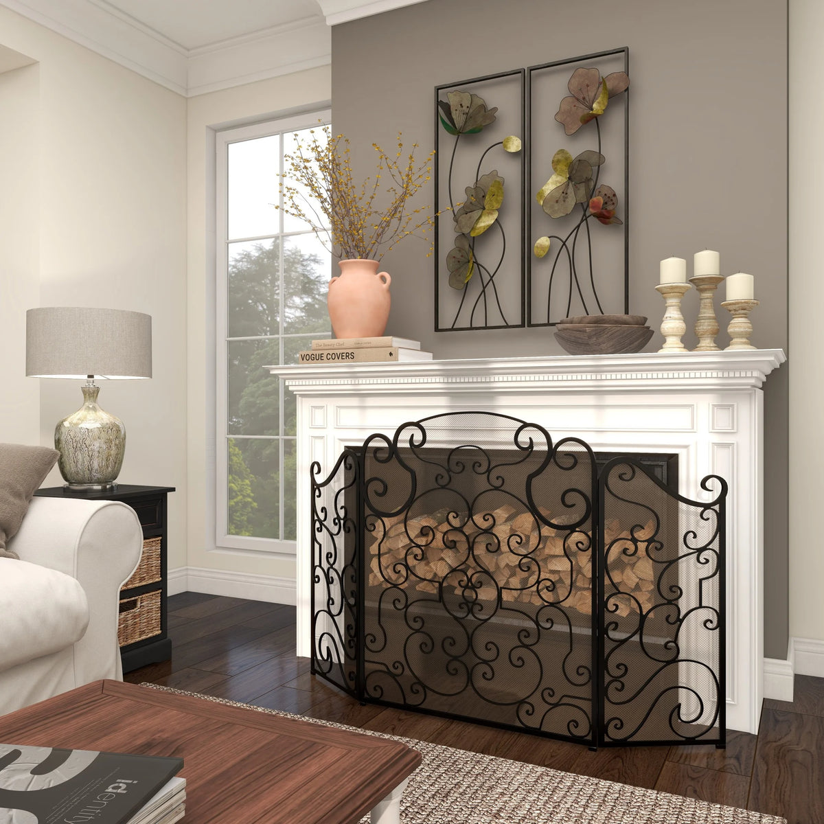 DecMode Black Traditional Metal 3 Panel Foldable Fireplace Screen with Mesh Netting and Scroll Pattens, 52"W x 35"H