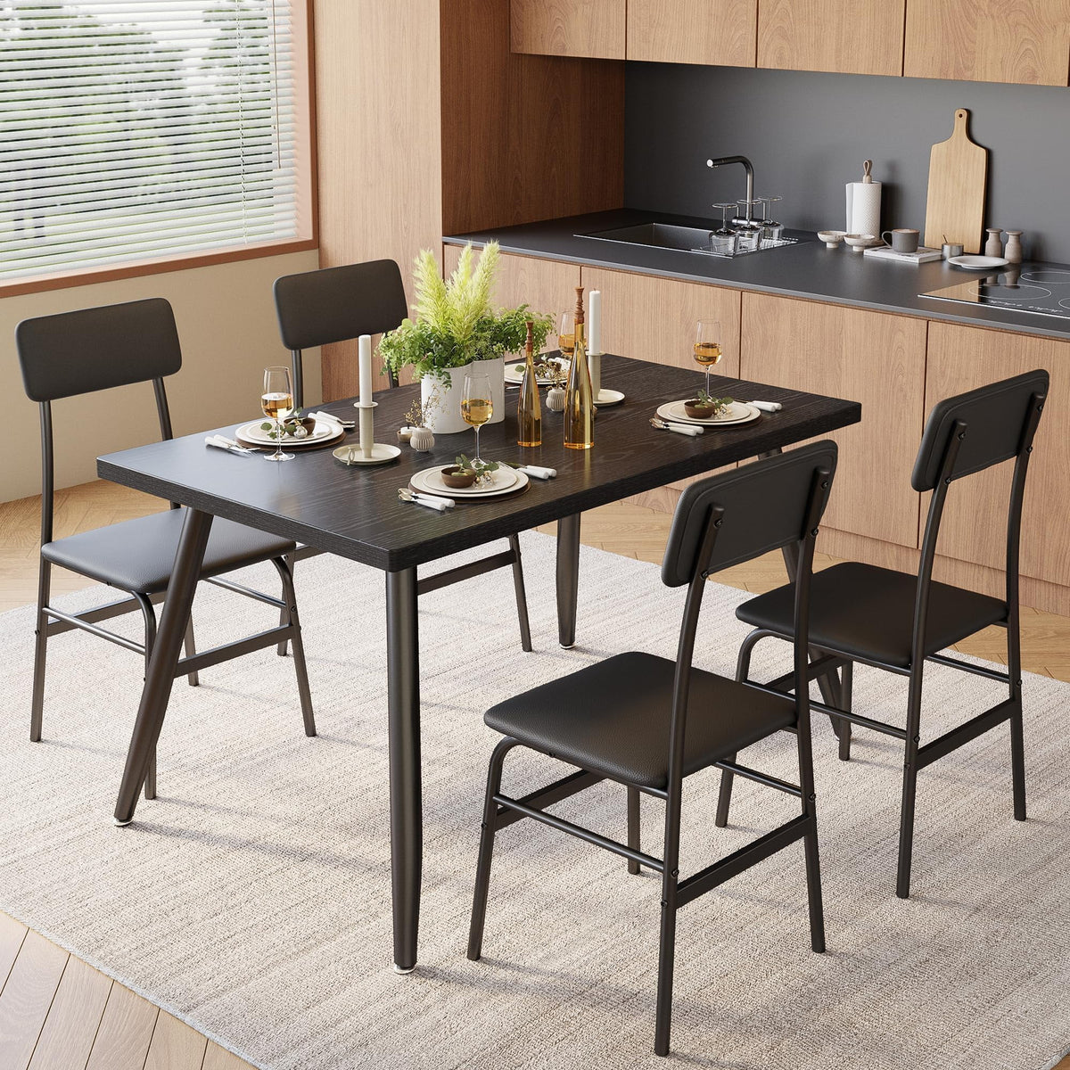 Aiho 5-Piece Modern Dining Set, Metal & Wood Table & 4 Chairs, Space-Saving for Small Spaces & Apartments, Retro