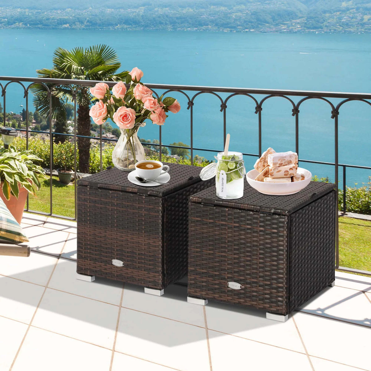 Costway 2PC Patio Rattan Ottoman Seat Side Table Storage Box Footrest Off White