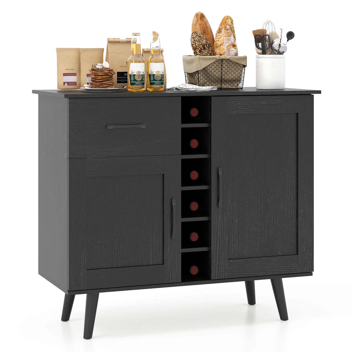 Costway 2-Door Wine Bar Cabinet Kitchen Sideboard Buffet with Drawer & Adjustable Shelves Natural