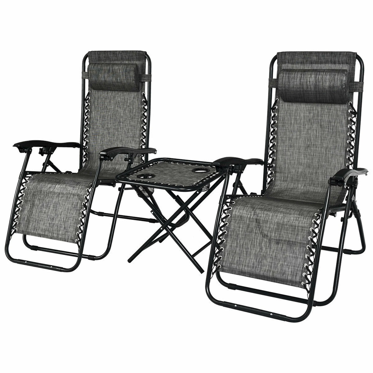 Gymax 3PC Zero Gravity Reclining Lounge Chairs Pillows Table Portable Folding Beige