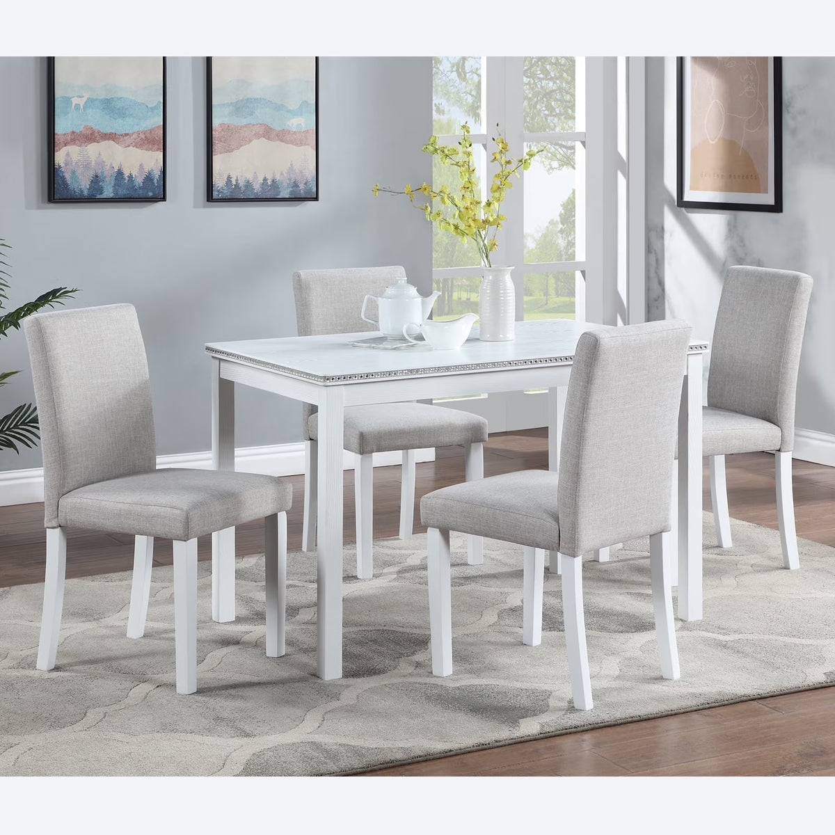 PORKISS Dining Table Set for 4, Solid Wood Dining Room Set with 1 Square Table 4 Upholstered Chairs, Dinner Table with Padded Chairs for Home Kitchen, Gray