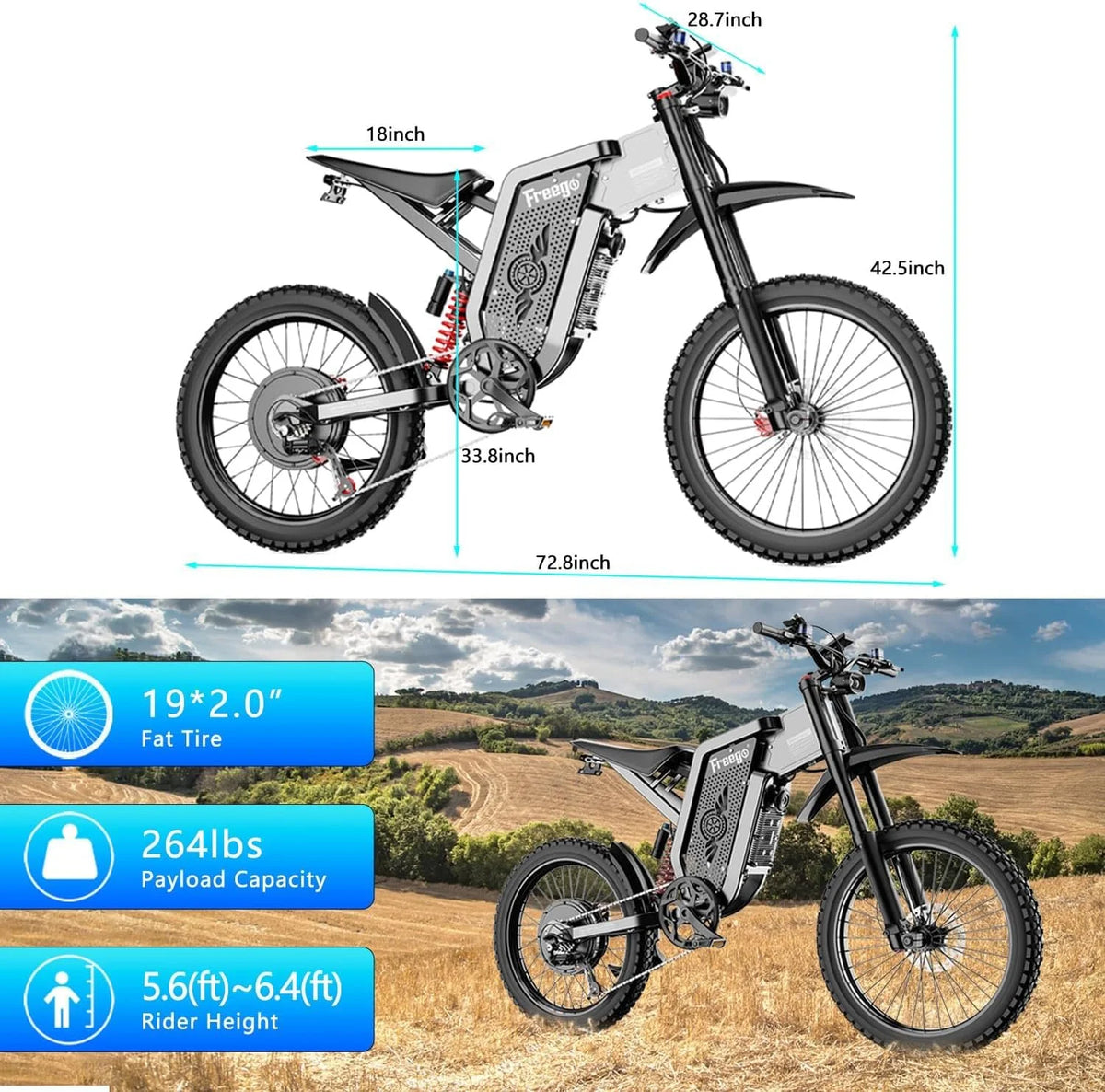 FREEGO X2 Pro Electric Dirt Bike 6000W(Peak) Motor 60V/30Ah Battery,50MPH/80Mile UL2849