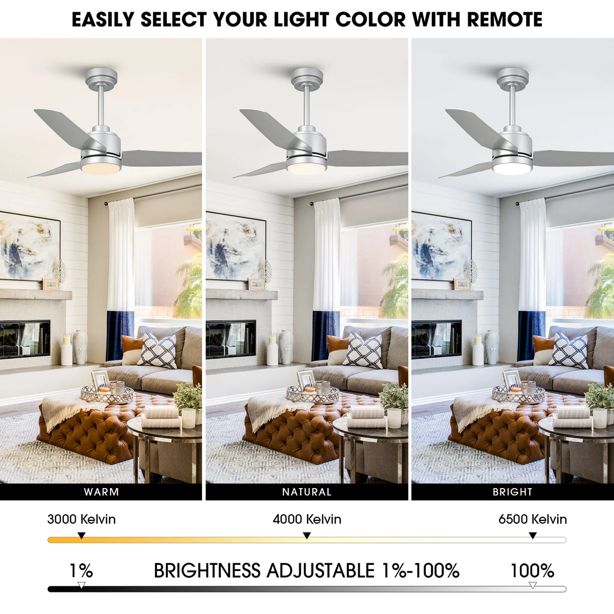 42" Modern Gold Dimmable Ceiling Fan DC Motor Indoor 3-blade LED Ceiling Fan with Remote