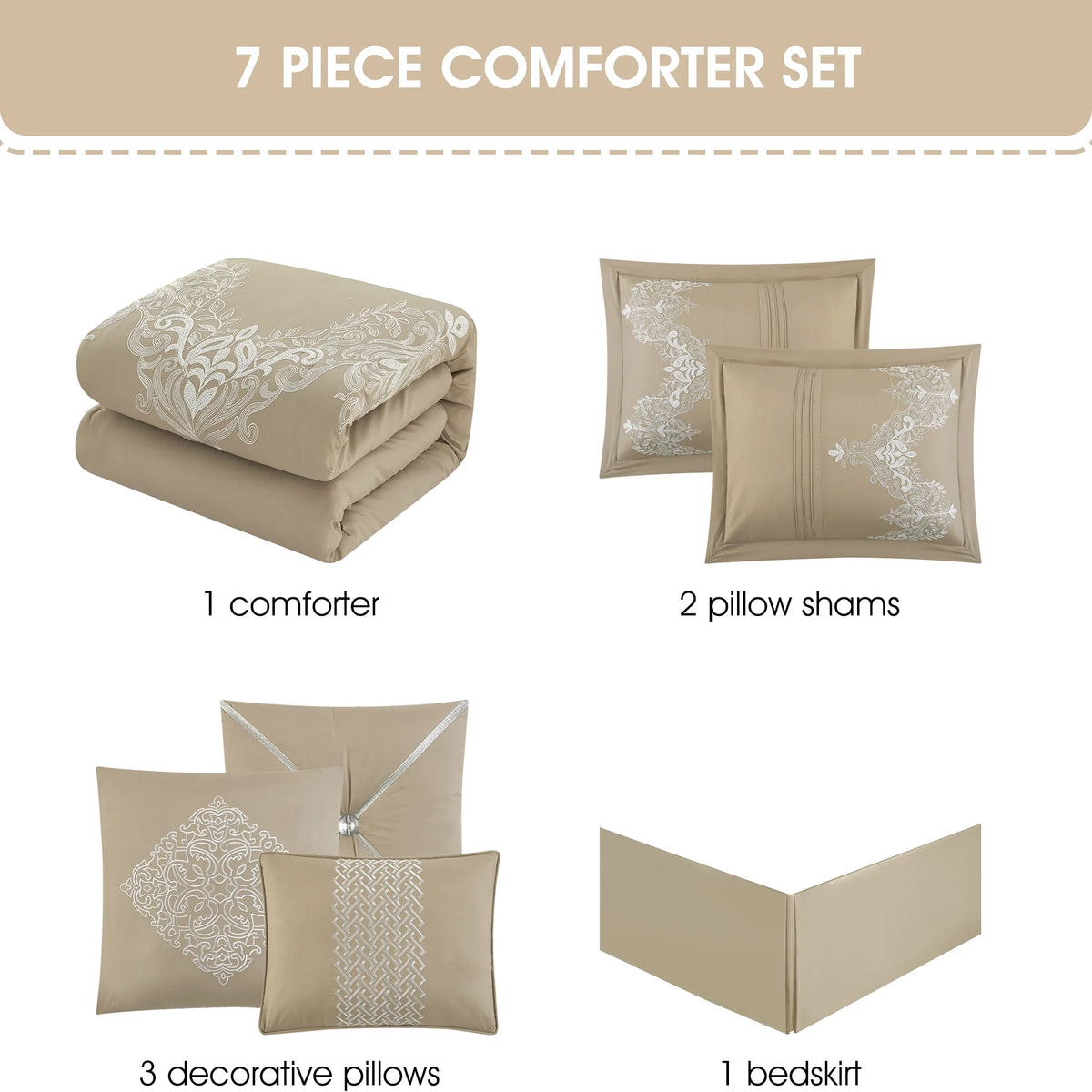 Lanco Taupe Damask Patchwork Queen Size Comforter Set, 7 Piece, Chain Stitching Embroidery Ultra Soft, Premium Microfiber, All Season
