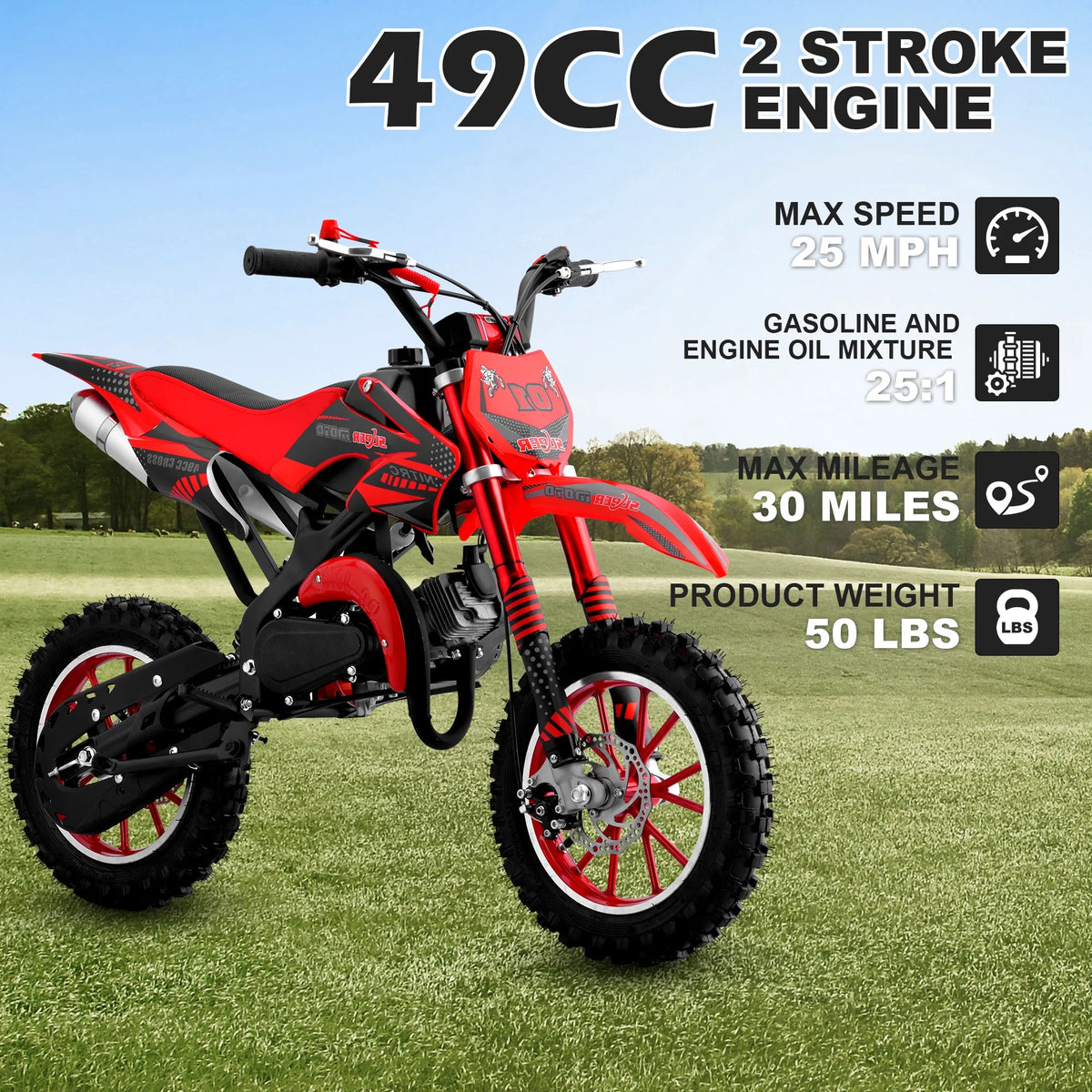 Gpower Gasoline 49cc Dirt Bike for Kids 6-15,2-Stroke Gas Power Mini Dirt Bike,1-Seater,Red
