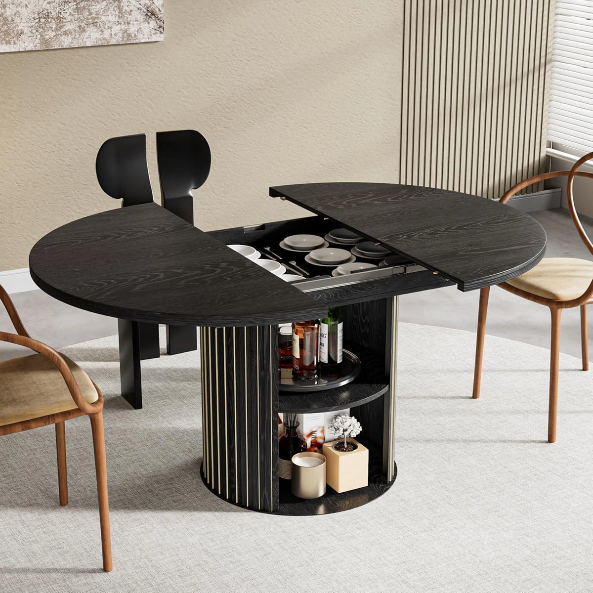 Extendable Dining Table for 4-6, Round Kitchen Table with Storage Shelf, Oval Dining Tables for Living Room (Walnut)