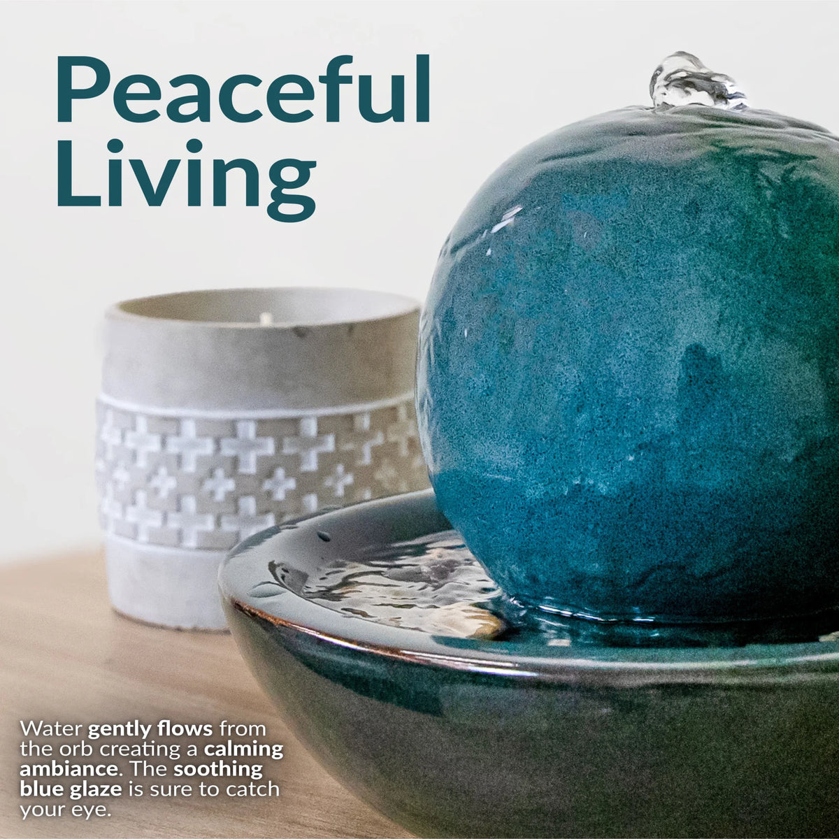 Sunnydaze Modern Teal Ceramic Tabletop Water Fountain with Orb