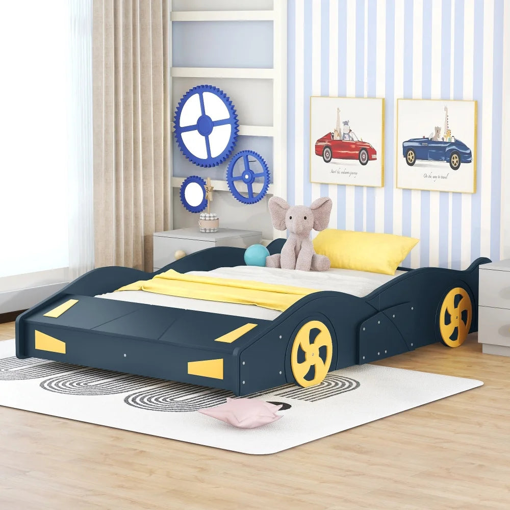 Full Size Modern Race Car-Shaped Platform Bed with Wheels and Storage, Solid Wood Platform Bed Frame with Sturdy Slat Support for Kids, Boys, Girls(Dark Blue)