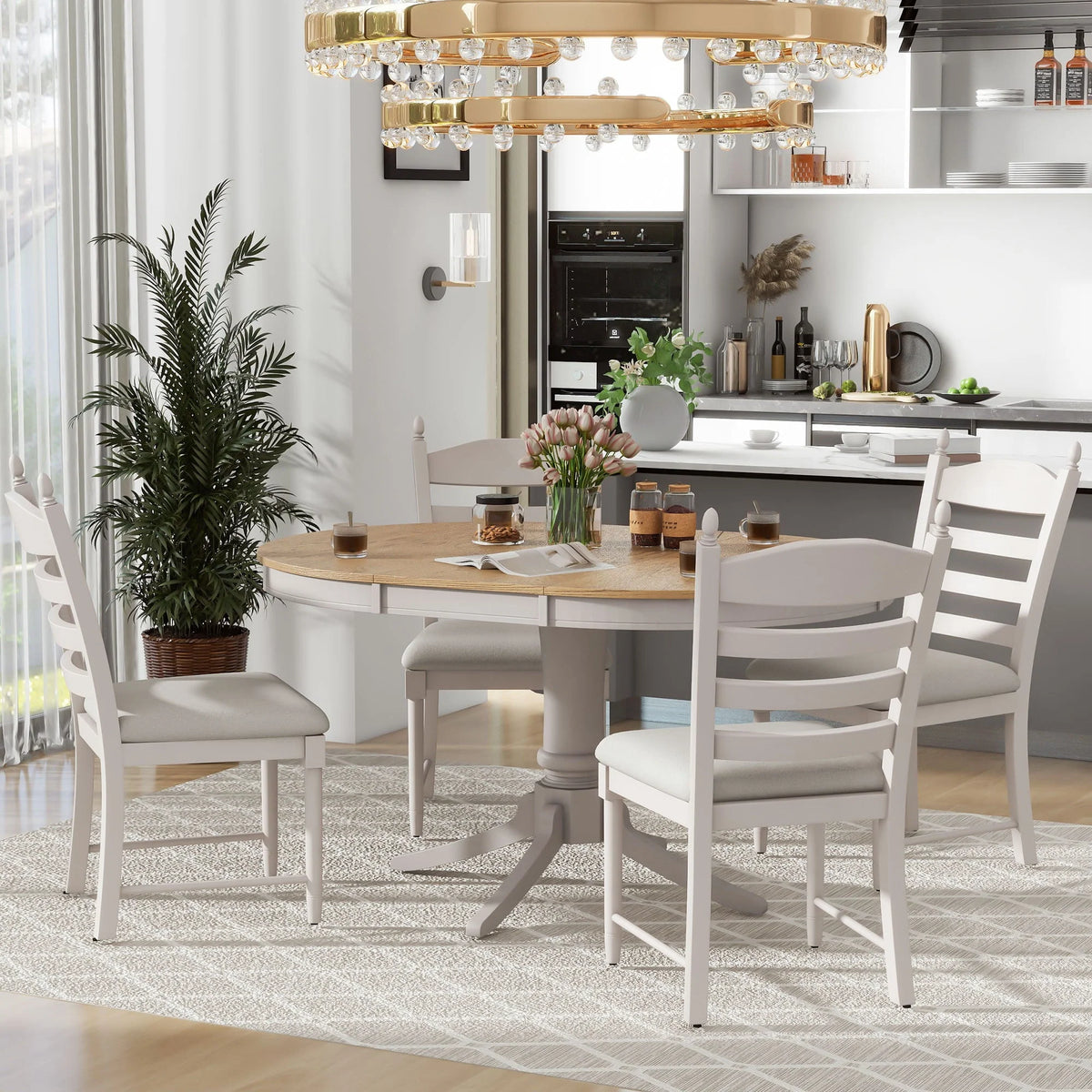 5 Piece Round Dining Table Set, Dining Room Set with Extendable Table and 4 Upholstered Chairs, Wood Dining Table Set for 4, Farmhouse Dining Table Set for Kitchen Dining Room Dorm Apartment, Brown