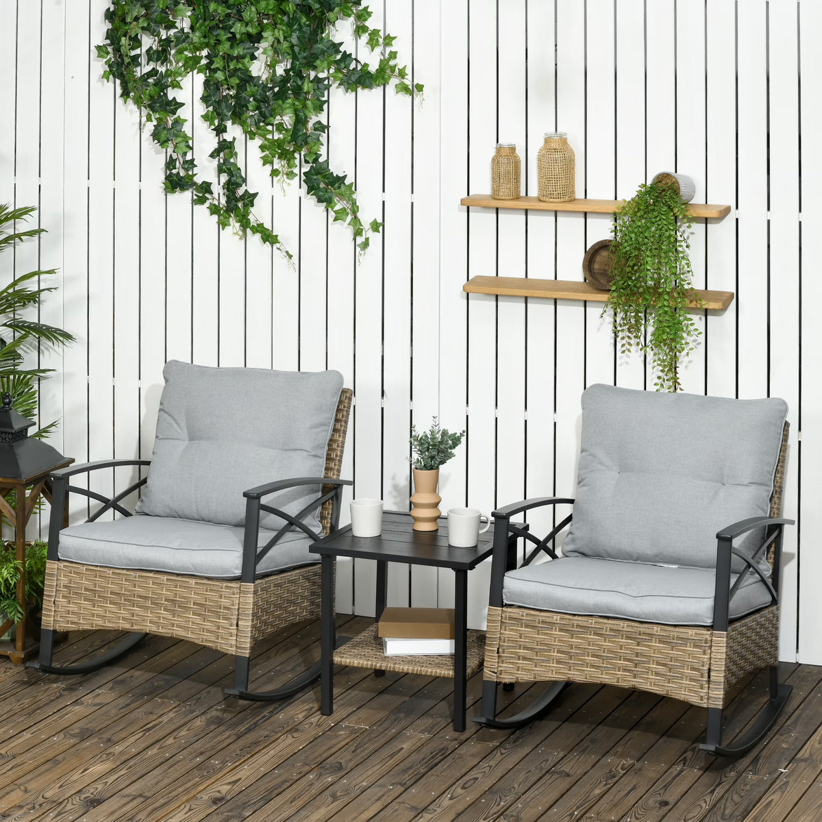 Outsunny 3pc Rocking Chair Set w/ Cushions, Wicker Bistro Set, Blue