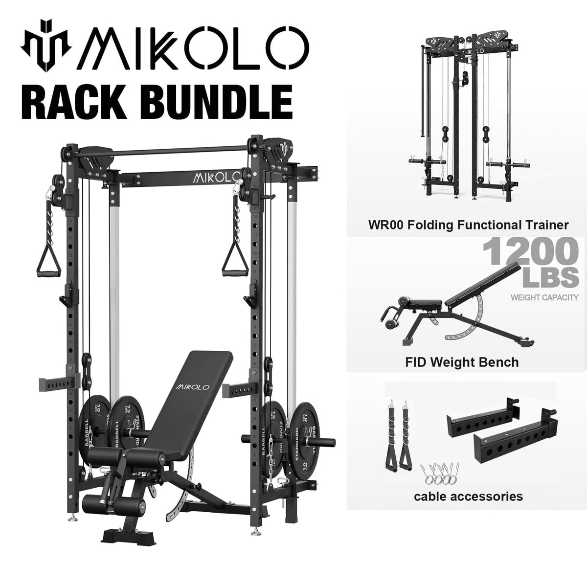 Mikolo Foldable Power Rack Cage,1000lbs Capacity Wall Mounted Squat Rack with independent pulley system, Space Saving Home Gym Equipment with 5 Adjustable Angle
