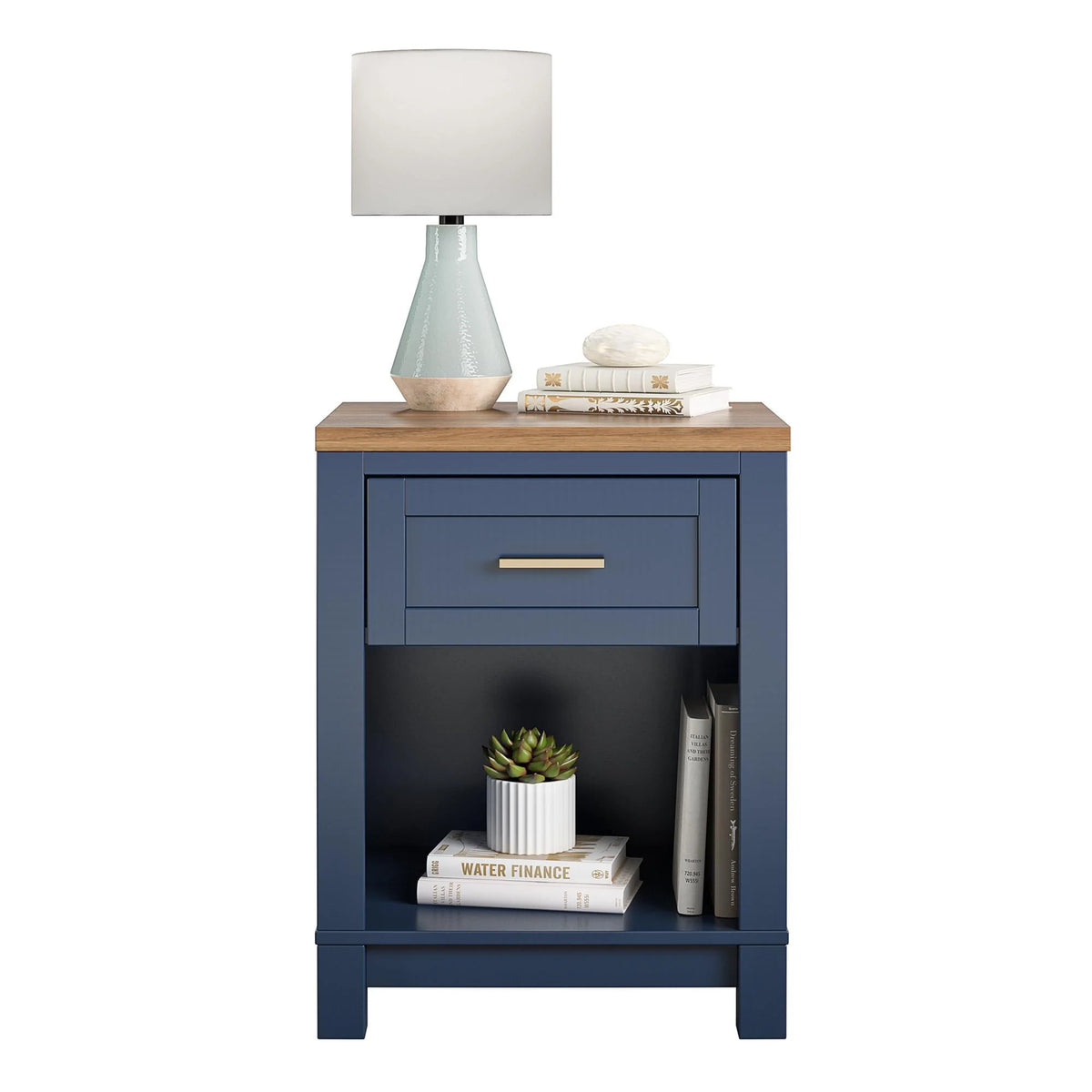 Ameriwood Home Josiah Nightstand, Navy with Walnut top