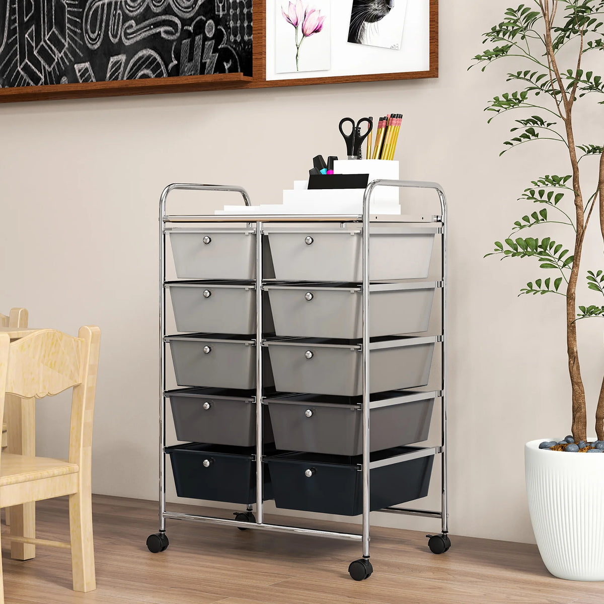 Gymax 10-Drawer Rolling Storage Cart Tools Scrapbook Paper Organizer on Wheels Black Gradient