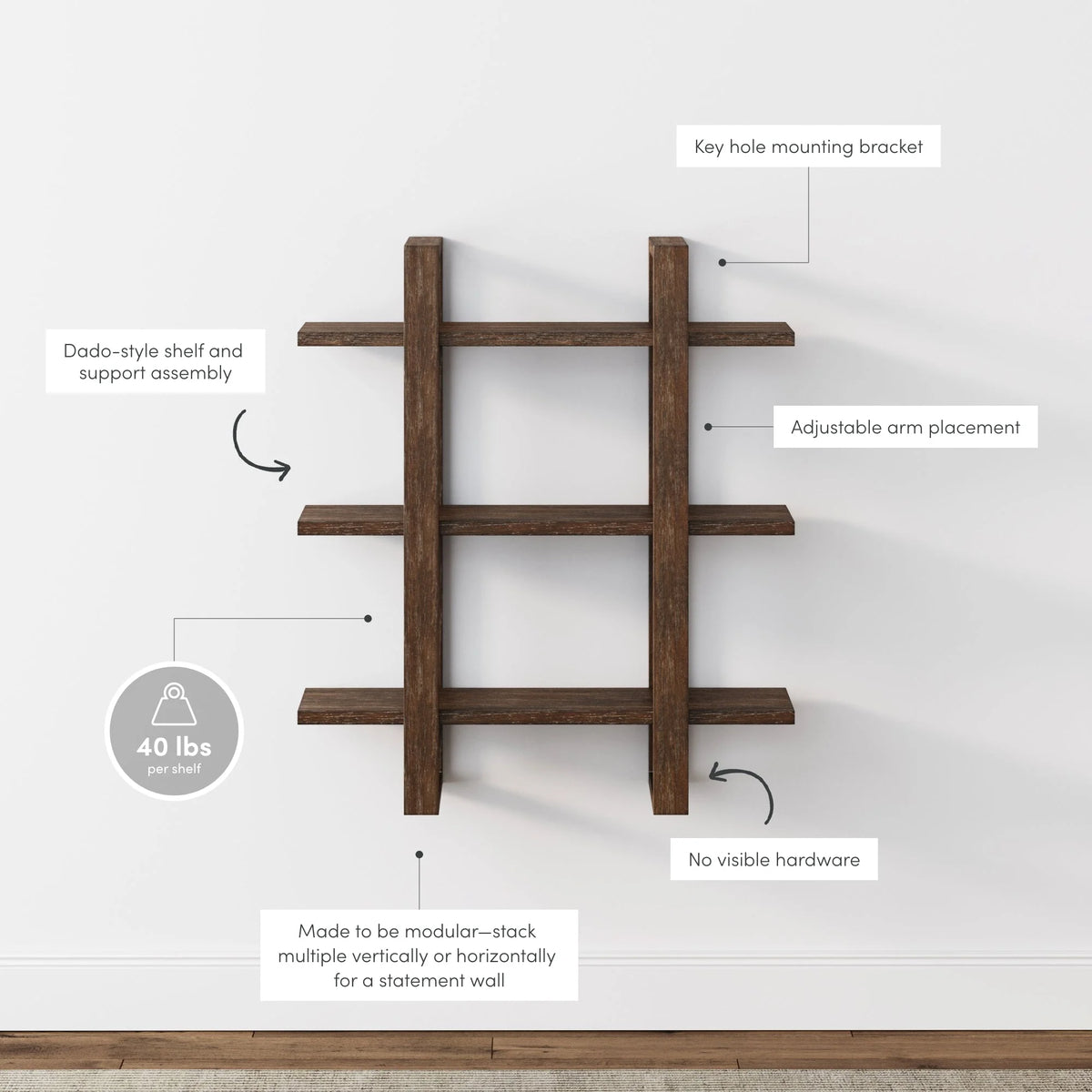 Nathan James Benji Floating Wall Book Shelves, 3-Tier Display Shelf, Decorative Modular Shelf in Solid Wood, Natural Brown