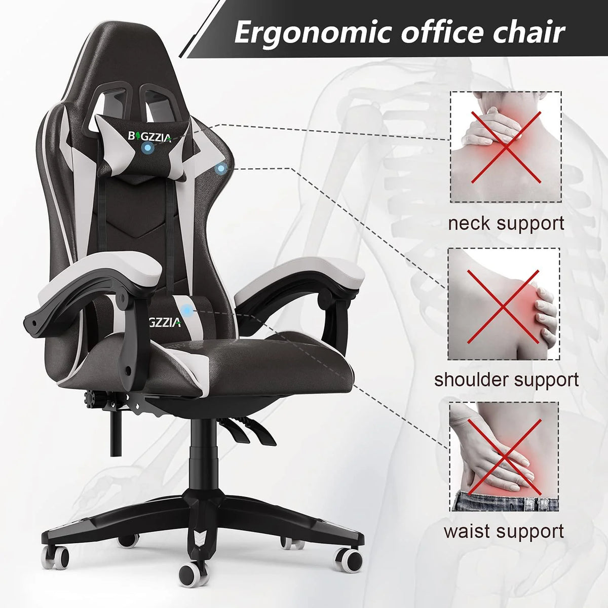 Bigzzia Gaming Chair Pu Leather Office Chair with Ergonomic Lumbar Pillow, Reclining Racing Game Chair Backrest and Seat Height Adjustable Swivel Recliner,Esports Chair with Headrest,Blue