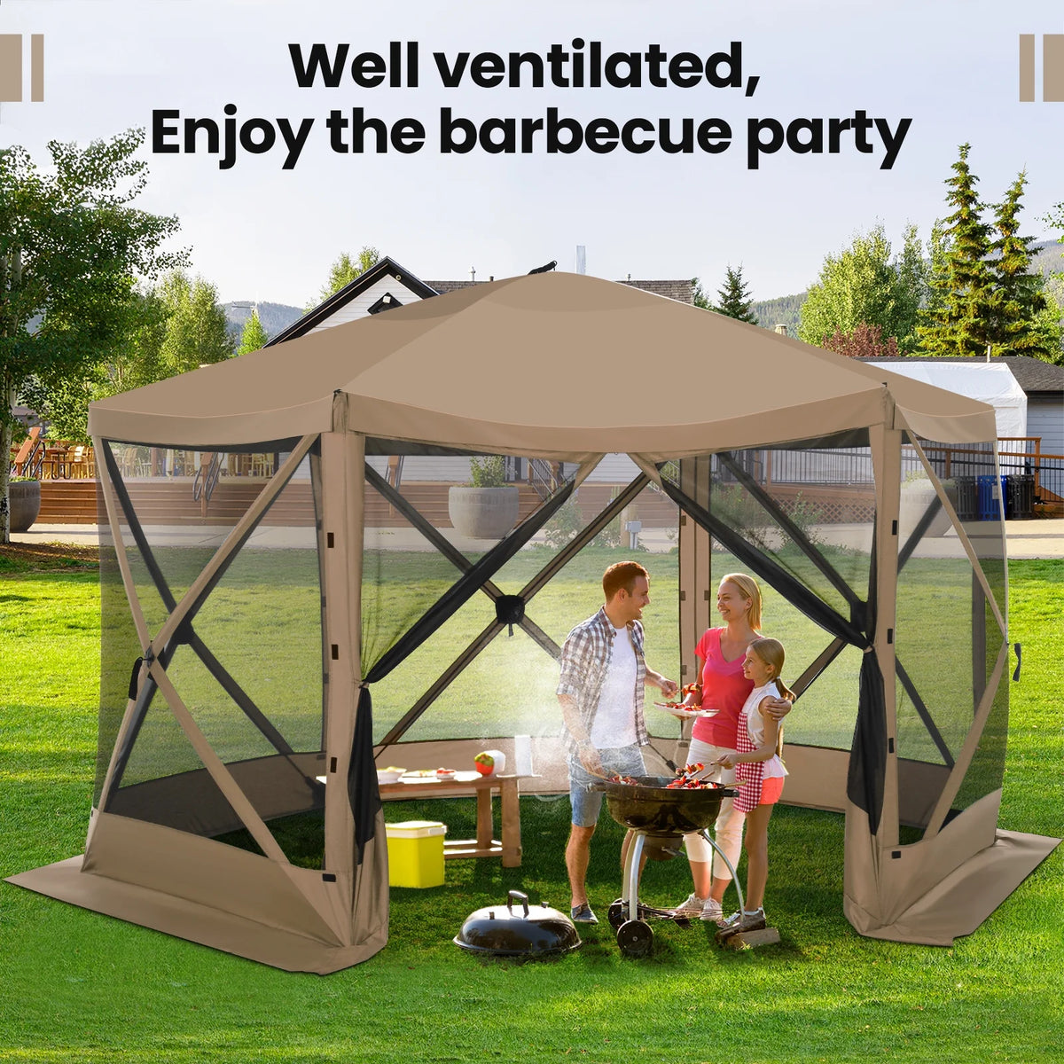 SANOPY 12'x12' Gazebo Outdoor Pop up Gazebo Screen Tent with 6 Sides Mosquito Netting Camping Gazebo Instant Shelter Glamping Tent with Carry bag, Ground Spike, Gray