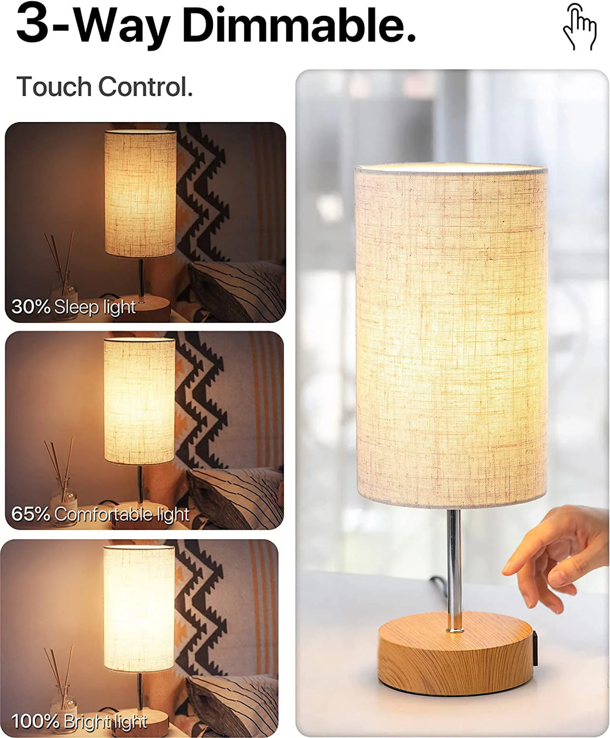 Maple Star Touch Control Table Lamp,Bedside Desk Lamp with 2 USB Port,Woodgrain Touch Control Table Lamp (LED Bulb Included)