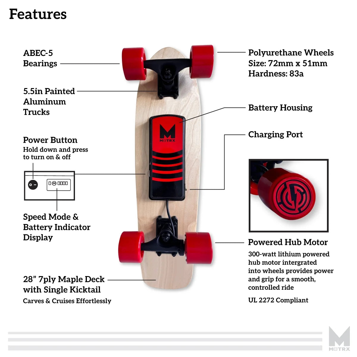 M8TRX EB100 Electric Skateboard, Gravity Sensor Riding, 300 Watt, 28" Deck, 10 MPH, Red