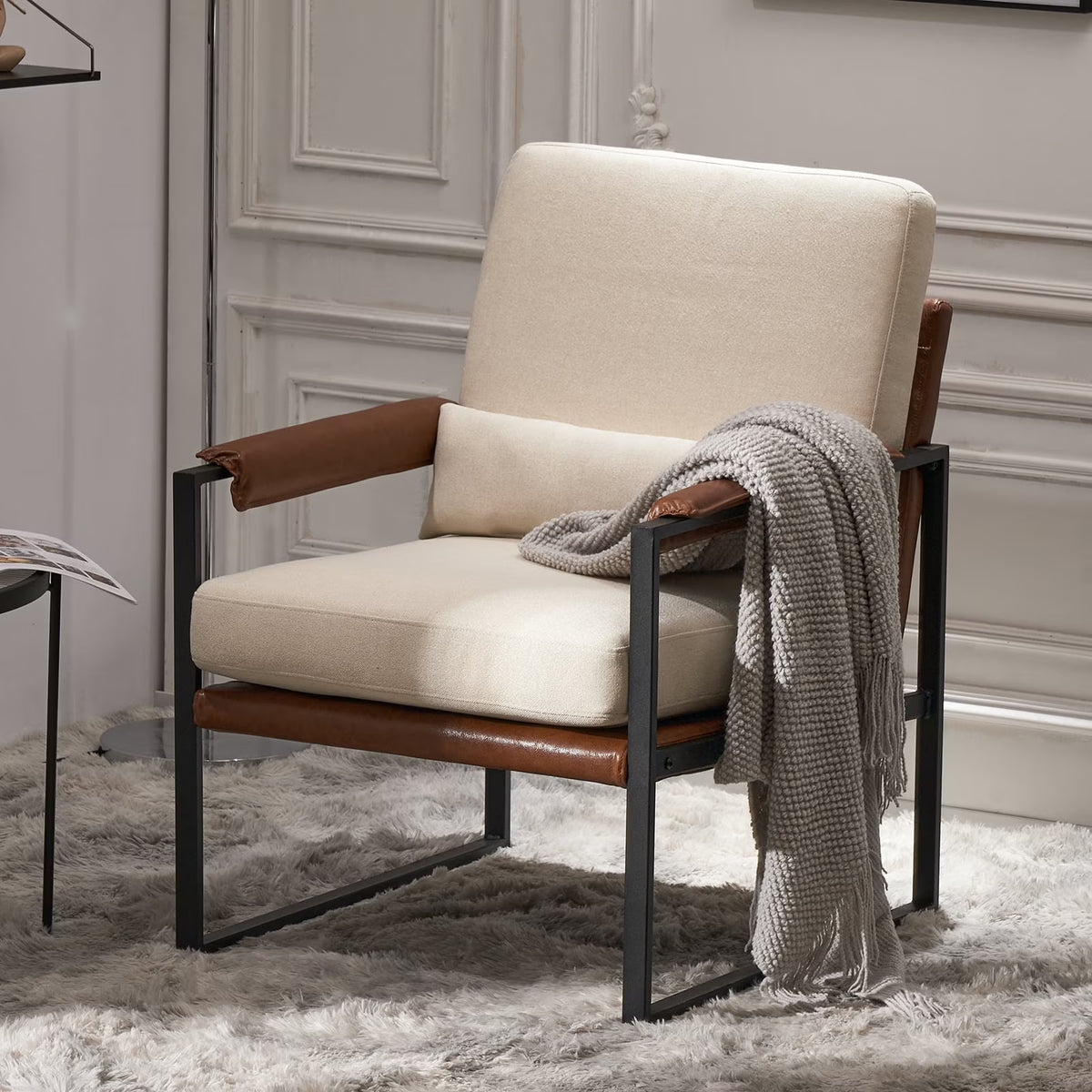 Ktaxon Accent Chair Lounge Armchair Modern Linen Fabric Upholstered Single Sofa with Black Coated Metal Frame Creamy White and Brown